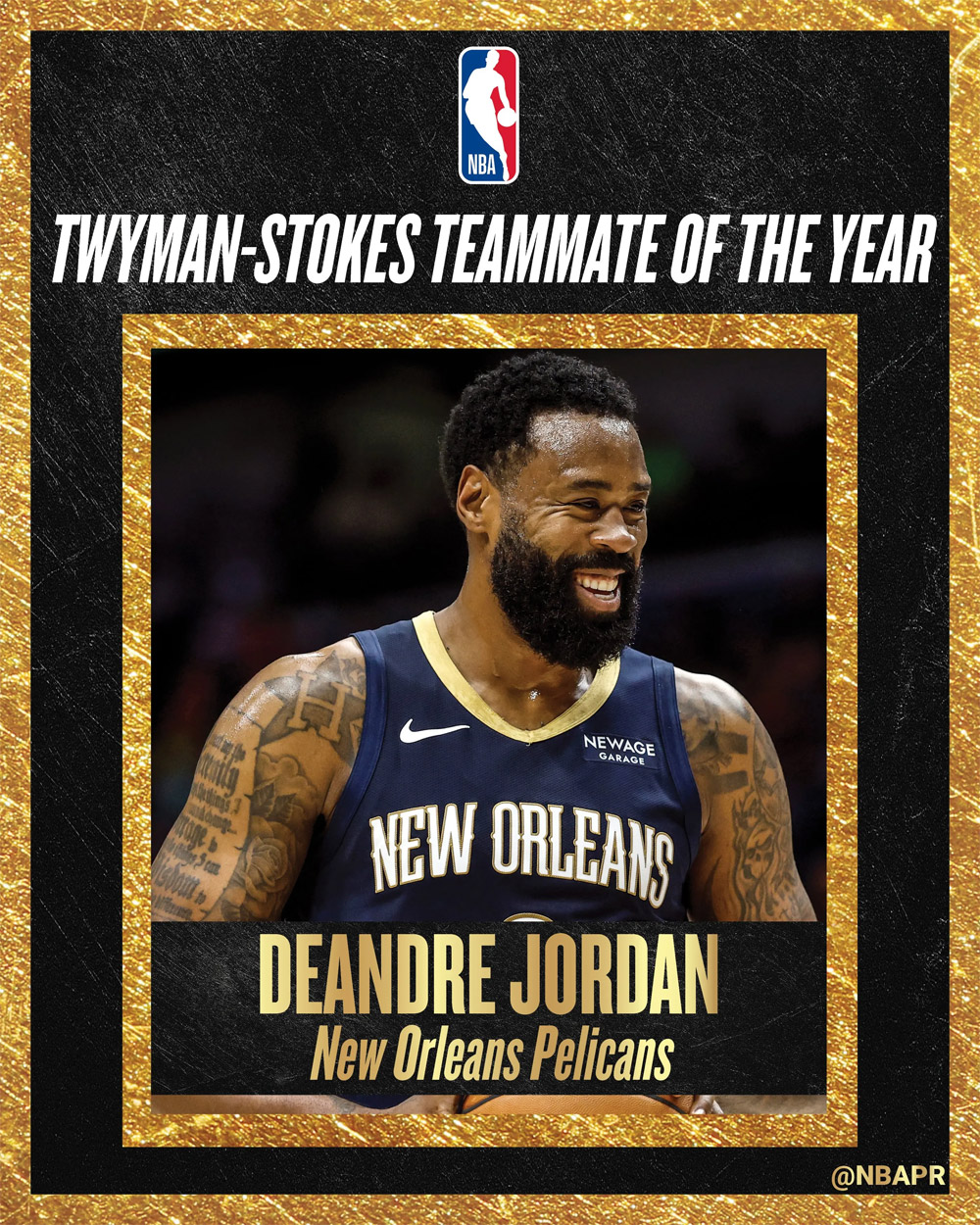 开云部门-NBA官方：鹈鹕中锋德安德烈·乔丹荣膺年度最佳队友奖