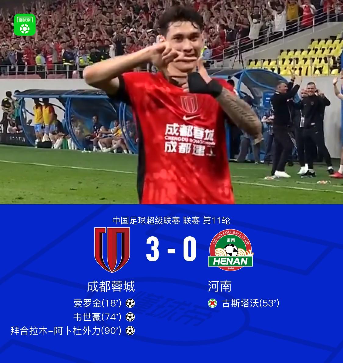开云小组-成都3-0河南，索罗金破门，韦世豪建功，古斯塔沃失点